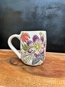 Carved Floral Mug #6 (white clay)