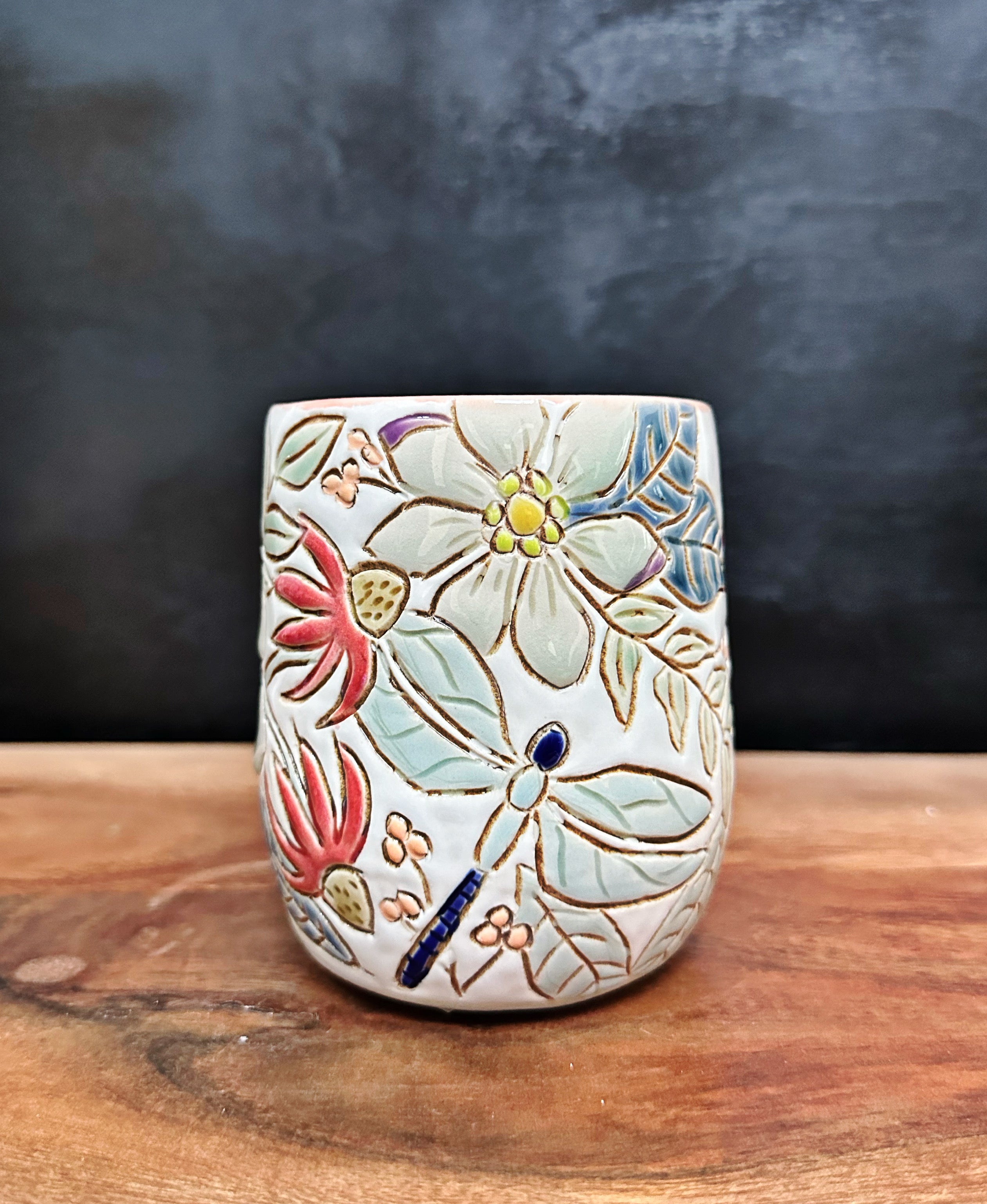 Carved Floral Mug #7 (white clay)