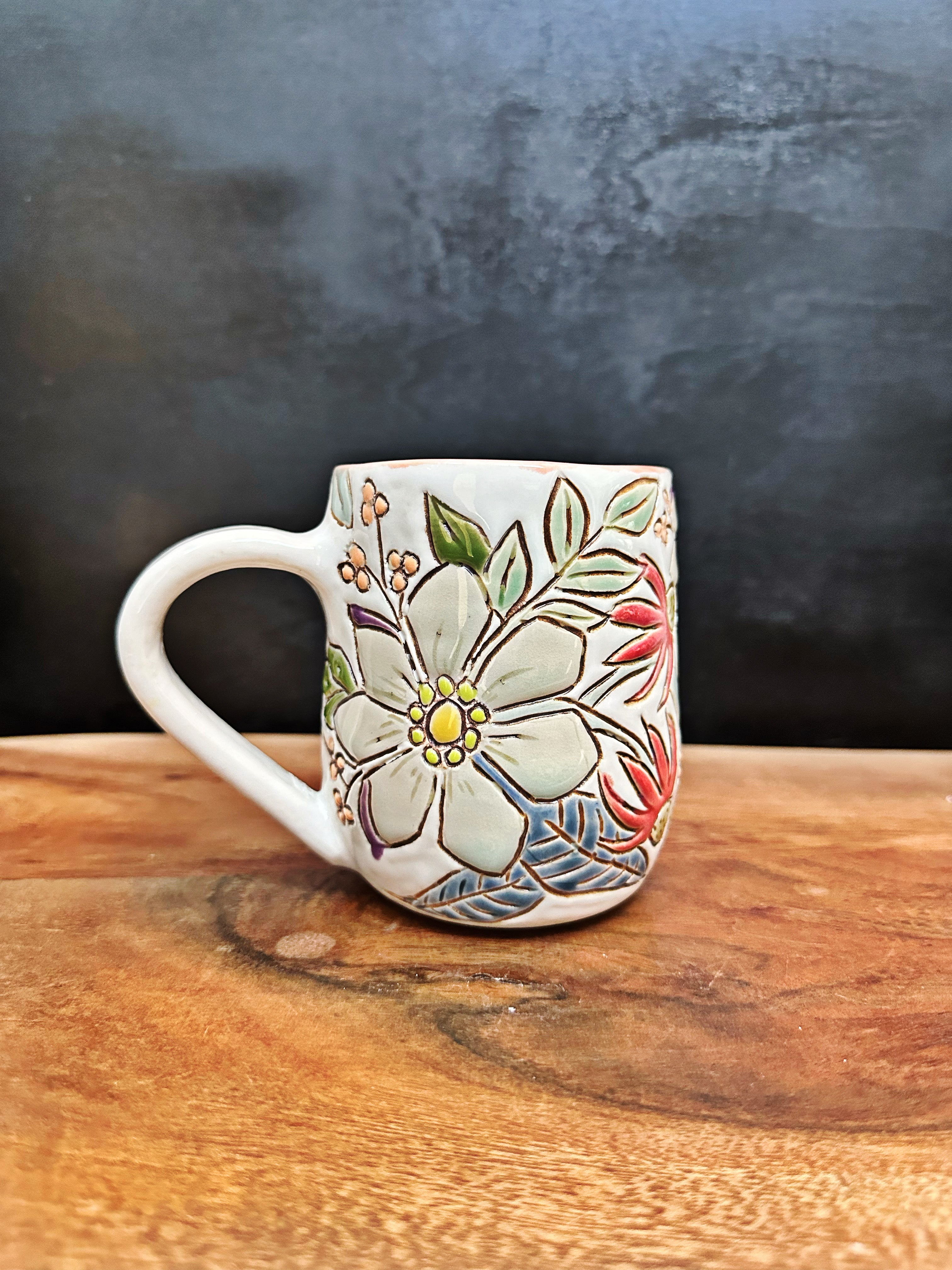 Carved Floral Mug #7 (white clay)