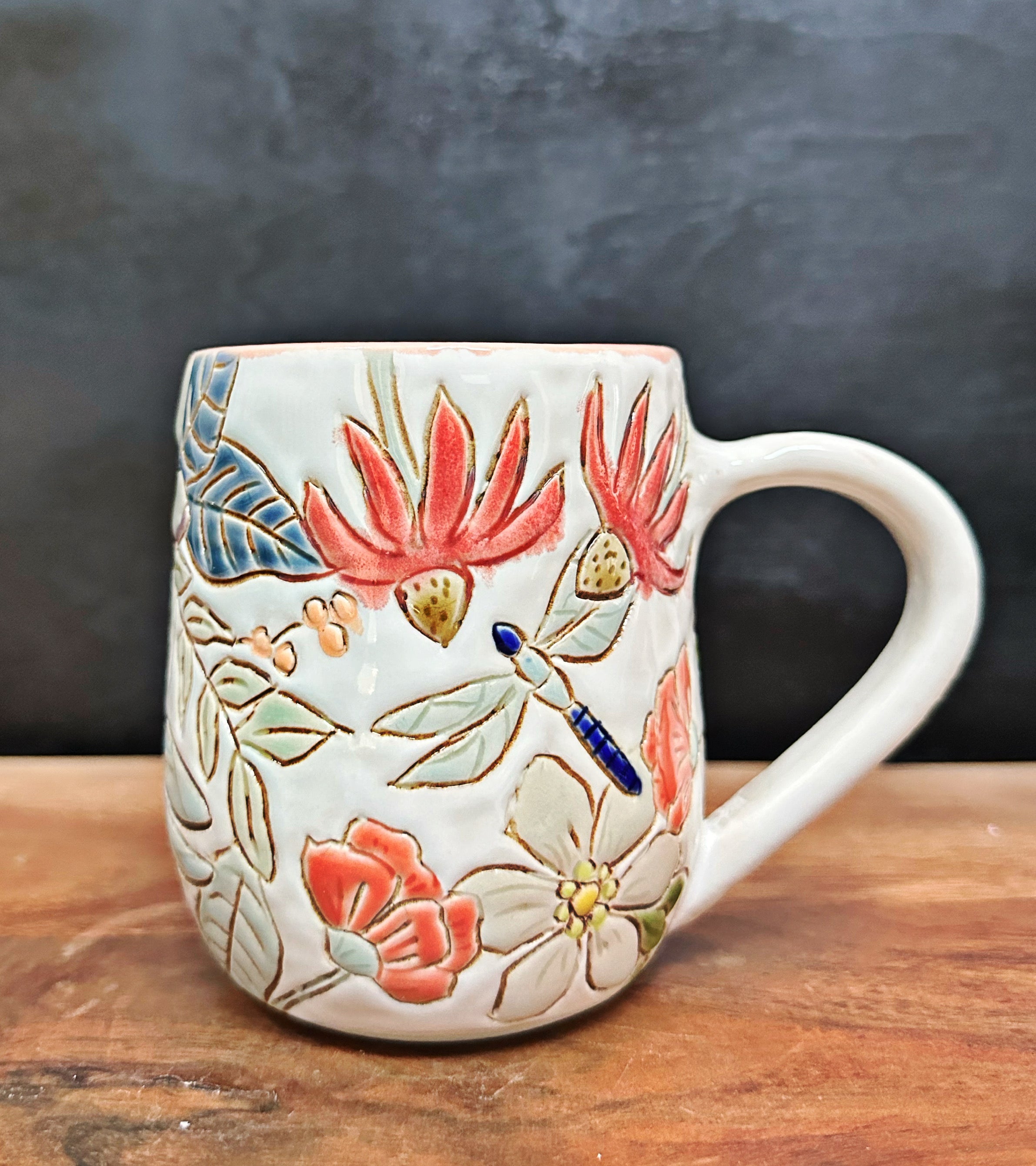 Carved Floral Mug #7 (white clay)