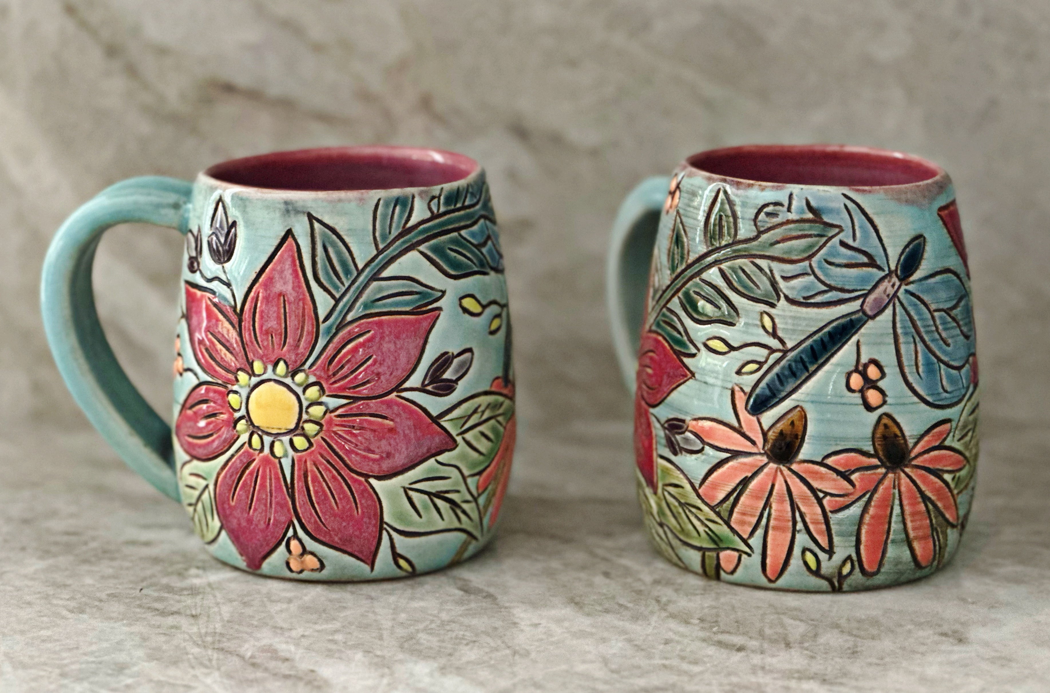 Carved Wildflower Mug (Blue Background)